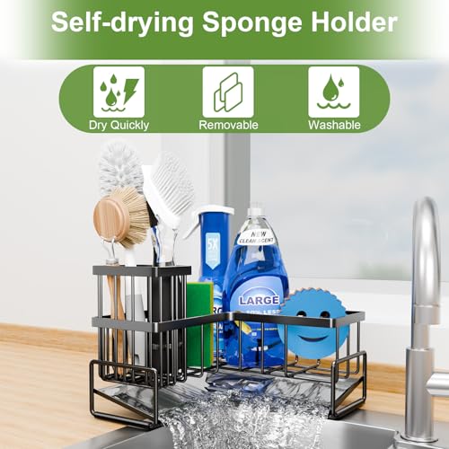 Large Sponge Holder for Kitchen Sink, 90-Degree Sink Caddy Storage | Self Draining Sponge Rack for Countertop, Metal L-Shaped Dish Soap Organizer with Brush Holder, Corner Sink Storage Ideas