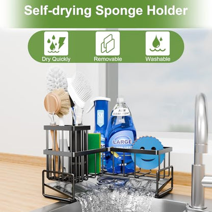 Large Sponge Holder for Kitchen Sink, 90-Degree Sink Caddy Storage | Self Draining Sponge Rack for Countertop, Metal L-Shaped Dish Soap Organizer with Brush Holder, Corner Sink Storage Ideas