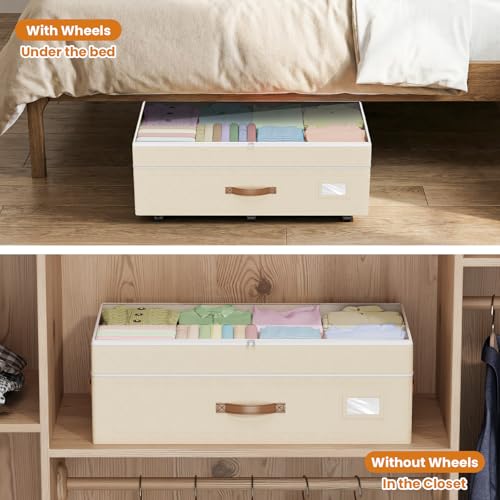80L 2 Pack Adjustable Under Bed Storage with Wheels, Beige | Underbed containers with clear lids, rolling underbed shoe storage organizer for dorm clothes, blankets, easy to install