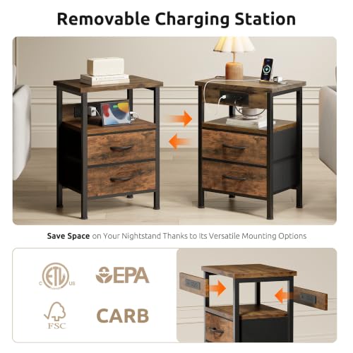 Night Stand with Charger Station for Bedroom, Brown Nightstand | Bedside Table, Open Shelf, 2 Fabric Drawers, Built in USB-A, USB-C Port & AC Outlets, For Dorm, Living Room, Bedroom