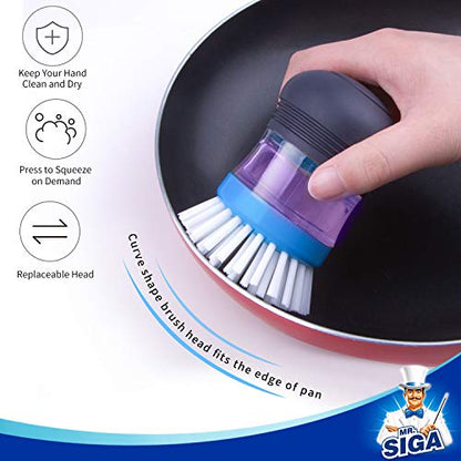 MR.SIGA Soap Dispensing Palm Brush Refill, Pack of 4 | Non-scratch, safe for non-stick cookware