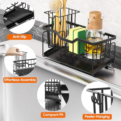 Sponge Holder for Kitchen Sink, Stainless Sink Caddy Organizer | Rustproof Kitchen Sink Organizers with High Brush Holder & Self Drain Tray, Anti-Slip Kitchen Countertop Storage Essentials