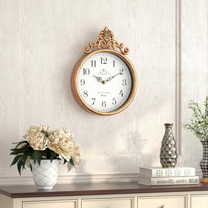 Small French Decorative Wall Clock, Gold Antique | Vintage Boho Style, Silent Battery Operated Wall Clocks for Farmhouse,Kitchen,Bathroom,Bedroom (10.23" H x 7.7" W)