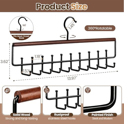 2PC Tie Belt Rack Hanger for Closet, Wood Tie Holder Organizer with 20 Hook | Upgraded 2-in-1 Tie and Belt Hanger Organizer, Large Capacity, 360° Rotating Hook, Non Slip, Space Saving, Walnut color