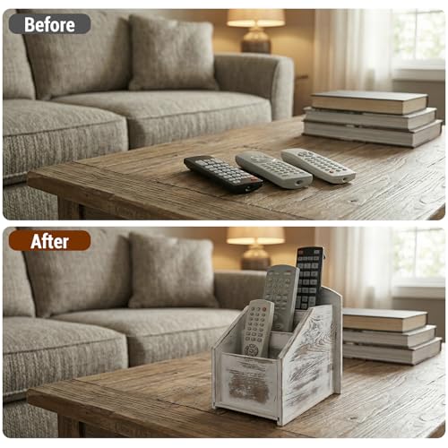 MyGift Whitewashed Wood TV Remote Control Holder with 3 Compartments | Modern Farmhouse Decor, Tabletop Media Remote Caddy/Organizer/Storage Box for Living Room, Coffee Table