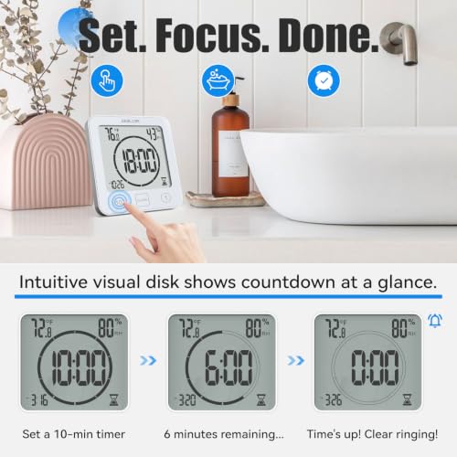 Baldr Waterproof Bathroom Shower Clock with Timer, Temperature and Humidity | Digital Timers for Kids and Adults, Bath Kitchen Study, White