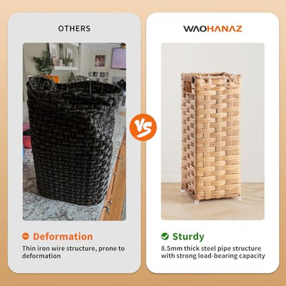 Rattan Umbrella Stand, Umbrella Holder for Entryway, Hand Woven Umbrella Rack Organizer Freestanding, with a Detachable Drip Tray, 4 Hooks, 6.5" L x 6.5" W x 16.5" H, Natural