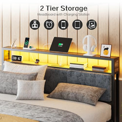 OLEVS King Bed Frame with Headboard, Metal Platform Bed King Size with 2-Tier Storage, LED Light & Charging Station Type C, No Box Spring Needed, Easy Assembly