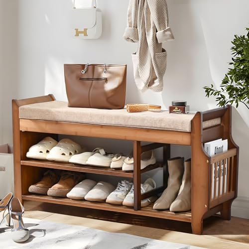 Shoe Bench with Hidden Drawer and Side Holder, 2 T... (Brown | Bamboo)