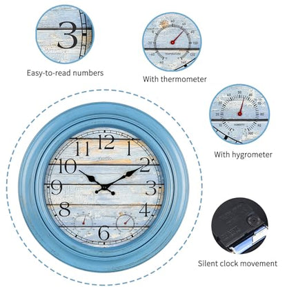 eYotto 18-Inch Outdoor Wall Clock with Waterproof Thermometer & Hygrometer | Weather-Resistant, Battery Operated, Large Easy-Read Dial, Silent Non-Ticking; Patio, Pool, Garden, Porch, Beach House Decor