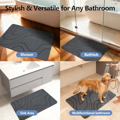 Stone Bath Mat, Quick Dry Shower Mat, Diatomaceous Earth Shower Mat, Non-Slip Hard Surface, Ultra Absorbent Bathroom Floor Mat for Tub, Entry, or Sink – 23.6" x 15.4", Gray (Wave)