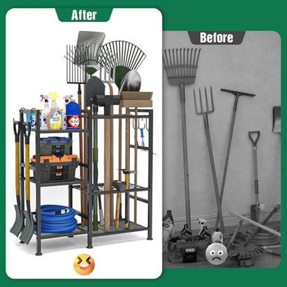keomaisyto Garden Tool Organizer with Large Hooks, Garage Storage Rack | 3 Tier Yard Tool Holder with 35 Long-Handled Tool Slots, Heavy Duty Garden Tool Rack for Shed, Yard, Garage