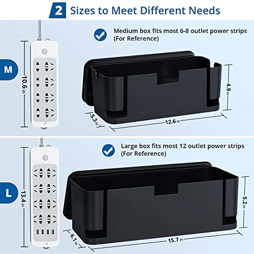 ZhiYo 2 Pack Cable Management Box, Medium & XL, Power Strip Organizer Black | Hidden Rear Cable Routing, Durable ABS Construction, Fits Power Strips Up to 13.4", Ideal for Desks, TV Areas & Floor Corners