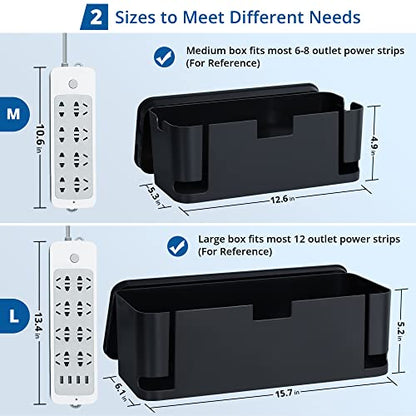 ZhiYo 2 Pack Cable Management Box, Medium & XL, Power Strip Organizer Black | Hidden Rear Cable Routing, Durable ABS Construction, Fits Power Strips Up to 13.4", Ideal for Desks, TV Areas & Floor Corners