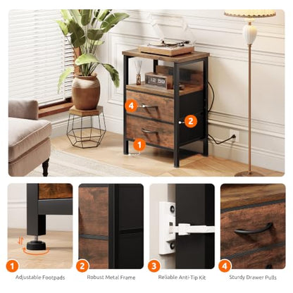 Night Stand with Charger Station for Bedroom, Brown Nightstand | Bedside Table, Open Shelf, 2 Fabric Drawers, Built in USB-A, USB-C Port & AC Outlets, For Dorm, Living Room, Bedroom