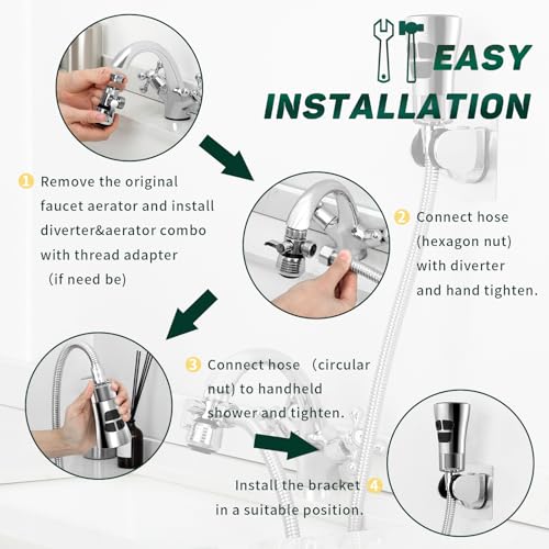 CECEFIN Kitchen Faucet Hose Attachment, 4-Mode ON/Off Spray Head w/Filter | 4.9Ft Stainless Steel Hose, Water Saving Aerator w/ 3-Way Diverter Valve, for Laundry/Bathroom Sink Hair Washing Pet Shower