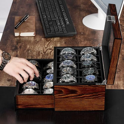 BEWISHOME High-End Watch Box 20-Slot Wooden Watch Case with Large Glass Lid | 2-Layer Watch Cases for Men, Watch Storage, Watch Organizer, Synthetic Leather Interior, Brown