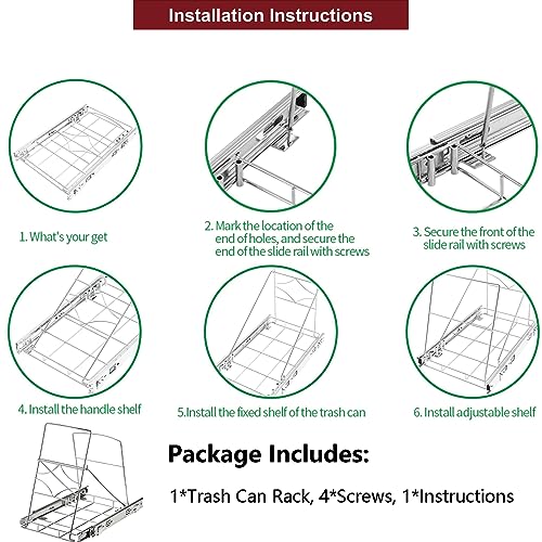 Youeon Pull Out Trash Can Under Cabinet, Adjustable Stainless Steel Under Sink Trash Can Pull Out, Slide Out Garbage Shelf, Fit for 7-11 Gallon Trash Can(Not Included)