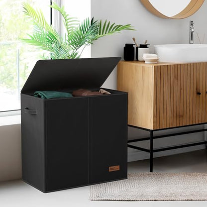 Simple Houseware Double Laundry Hamper with Lid & Removable Bags, Black | Heavy Duty 600D Polyester, Water-Resistant Surface