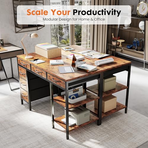 Sweetcrispy 47" Computer Desk with 6 Fabric Drawers & Storage Shelves | Reversible Gaming Desk, Office Desk, Computer Workstation, Corner Desk with Storag, Home Office, Living Room, Rustic Brown