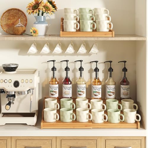 3-Tier Expandable Bamboo Mug Holder For Countertop Coffee Cup Holder Display Mug Organizer Mug Rack for Coffee Bar Organizer Mug Shelf for Cabinet for Kitchen, Home