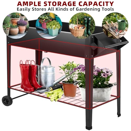 DNKMOR 32" Tall Raised Garden Bed Outdoor with Wheels & Storage Shelf or Mobility,Mobile Anti-Rust Steel Planters for Outdoor Plants,Planter Box for Vegetables/Flower/Herbs,Patio-Balcony-Backyard