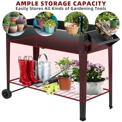 DNKMOR 32" Tall Raised Garden Bed Outdoor with Wheels & Storage Shelf or Mobility,Mobile Anti-Rust Steel Planters for Outdoor Plants,Planter Box for Vegetables/Flower/Herbs,Patio-Balcony-Backyard