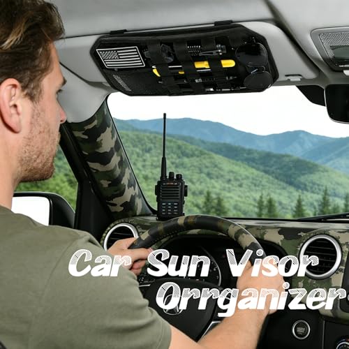 Car Sun Visor Organizer, Tactical Molle Panel Visor Storage Organizer with Sunglasses Holder for Police Gear & Overland Accessories, Universal Fit for Trucks, SUVs, Jeeps & Patrols, Black
