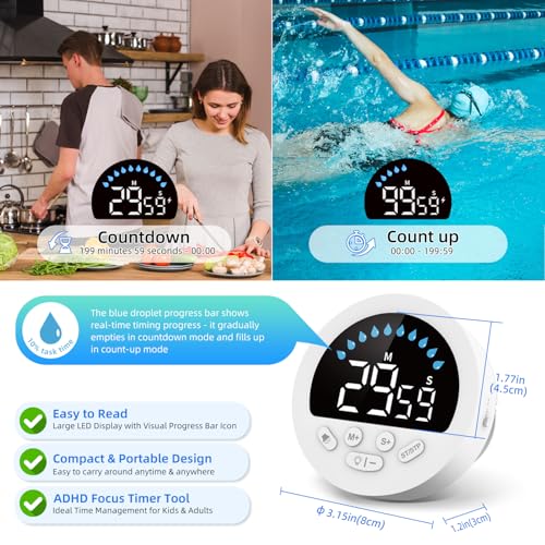 Waterproof Shower Timer for Bathroom Kitchen with Countdown Count-up, White | Large LED Display, 3 Brightness, 4 Volume, Battery Powered, Suction Cup Mounted Digital Stopwatch for Toilet Classroom