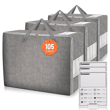 3 Pack 105L Comforter Storage Bags, Extra Large Bedding Storage Bags with Card and Clear Window, Reinforced Handles & Zippers, Foldable Closet Organizers for Blanket Pillow Clothes