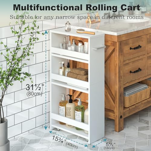 Slim Rolling Storage Cart, 4 Tier Utility Cart with Wheels, White | Laundry Room Organization, 5.5" Wide, Wood Kitchen Cart with Handle, Trolley for Kitchen Bathroom Narrow Place Small Corner