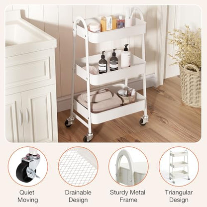 3-Tier Metal Rolling Cart with Lockable Wheels, He... (White | Metal)