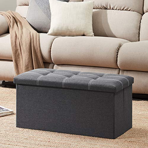 YOUDENOVA 30" Linen Ottoman with Storage, Folding Bench, Gray | Foldable linen ottoman with hidden storage, padded seat and sturdy frame for living room or bedroom.