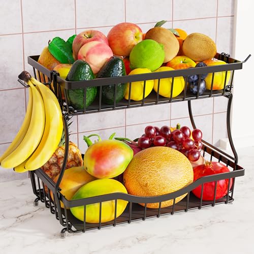 Large 2 Tier Fruit Basket for Kitchen Counter with 2 Banana Hangers, Black | Metal Fruit Bowl with Protection Mats for Vegetables, Snacks & Bread | 14.5" W x 9.5" D