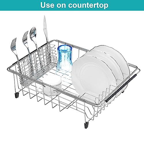 Expandable Dish Drying Rack Over Sink, Rustproof Stainless Steel Basket Shelf, Multifunctional Dish Drainer Organizer with Utensil Cutlery Holder