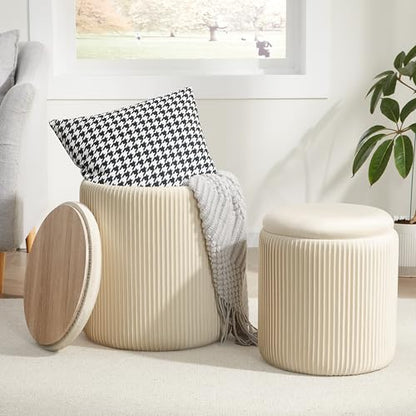 Round Ottoman with Storage Set of 2, Storage Vanity Stool | Velvet Upholstered Round Storage Ottoman, Ottoman Coffee Table, Small Foot Stool for Living Room & Bedroom, Beige