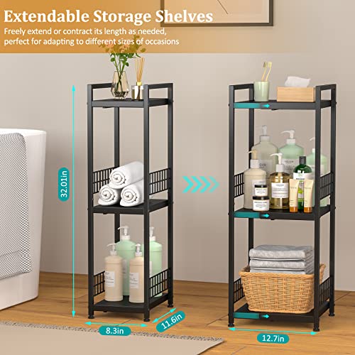 3-Tier Metal Shelving Unit, Expandable, Free-Standing, Narrow, Open Floor Shelves, Ideal for Bathroom, Kitchen, Laundry, Storage, Organization