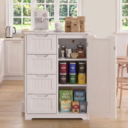 Gizoon Small Coffee Bar Cabinet with 4 Drawers and Door, White | Small Kitchen Sideboard Buffet Cabinet with Adjustable Shelf, Small Kitchen Coffee Bar Cabinet with Drawers for Living Room