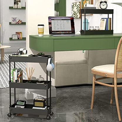Slim Rolling Storage Cart, 3 Tier Bathroom Storage... (Black | Plastic)