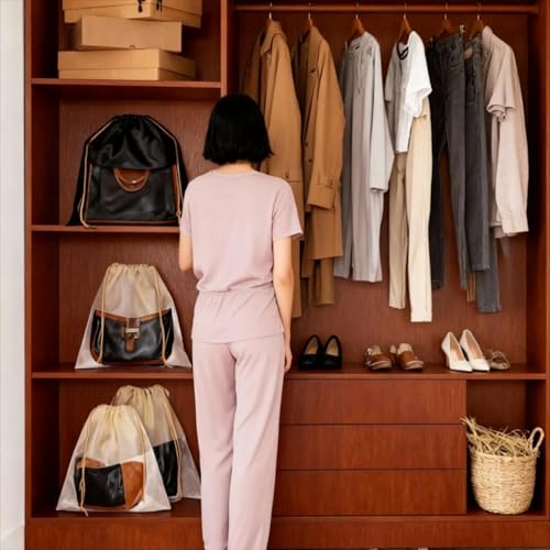 16 Pcs Beige Dustproof Drawstring Bags Purse Dust Storage Bags for Handbags Covers Non Woven Fabric Cloth Pouch String Packing Organizer Shoe Pouch(4 Sizes)