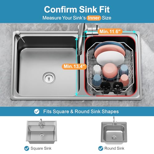 Small in Sink Dish Drying Rack - Stainless Steel for RV Kitchen | Compact Design for Apartments, 1-2 Person, Utensil Holder, Cup Hooks, Angled Corners Fit Square & Round Sinks, 11.6" x 13.4"