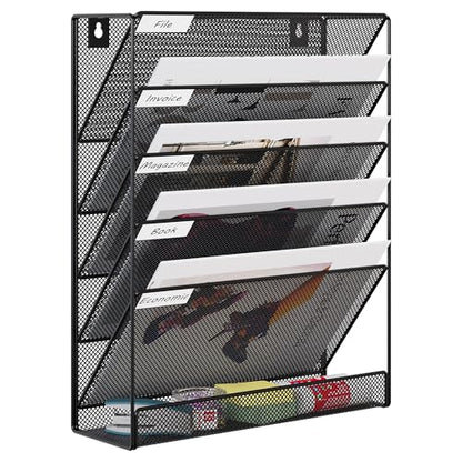 EasyPAG 5 Tier Wall File Holder, Mesh Hanging Folder Organizer with Classify Label, Versatile Desk File Holder, Vertical Wall Mounted Mail Organizer for Office Home Cubicle, Black
