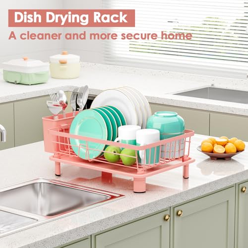Dish Drying Rack, Stainless Steel-Dish Rack, Dish Racks for Kitchen Counter, Kitchen Dish Drainers with Removable Utensil Holder,New Drain Outlet,Plate Rack and Drainboard,(Pink-11 W x 15" L)
