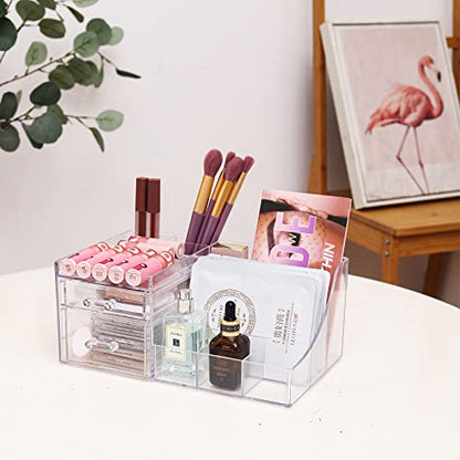 Cq acrylic 1 Pack Clear Skincare Organizer for Vanity,Stackable 2 Drawers Make Up Organizer,Cute Cosmetic Organizer for Vanity Jewelry,Hair Clip,Beauty,Skincare Product Dresser Acrylic Desk Organizer
