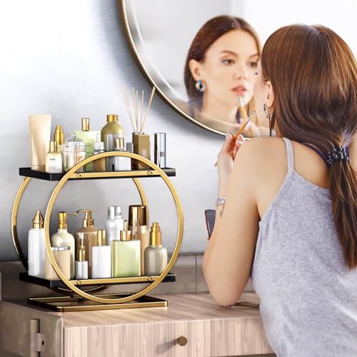 Makeup Organizer Vanity, Black Gold Perfume Organizer for Dresser | 2-Tier Bathroom Counter Organizers, Bathroom Countertop Shelf, Skincare Storage Perfume Stand, Vanity Trays Cosmetic Display