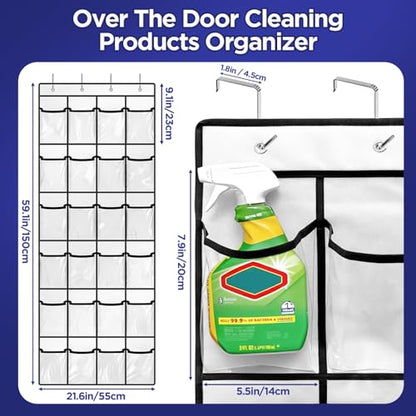 Clear Cleaning Supplies Organizer,Cleaning Products 24 Pockets Large Capacity Over The Door All-Purpose Cleaner Holder for Laundry Bathroom Auto Glass Cleaner Organizer for Garage,Spray Bottle Holder