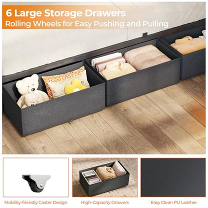 Full Size Bed Frame with Storage Headboard, 6 Drawers, LED&Charging