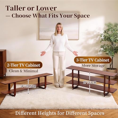 Walnut TV Stand for 65-Inch TVs, 2 Open Shelves, Modern Media Console | Bamboo Construction, Mid Century Style, Open Storage for Electronics and Decor in Living Rooms and Bedrooms