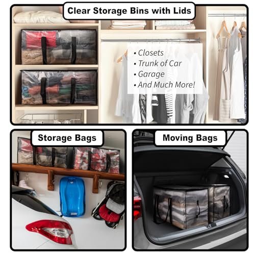 ClearSpace Heavy Duty Moving Bags or Storage Bags – Clear Storage Bins with Lids, Large Moving Boxes with Backpack Straps & Zippers – Packing Bags & Moving Supplies for College Dorm- 4 Pack
