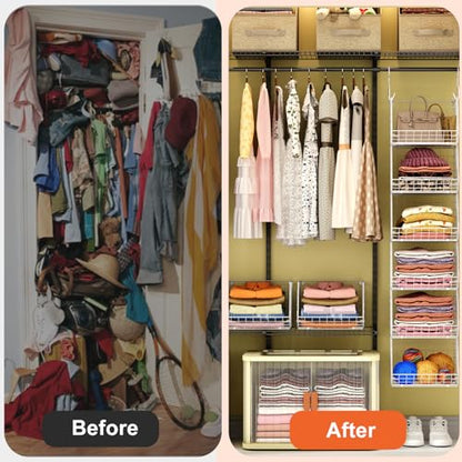 X-cosrack 6 Tier Closet Hanging Organizer, Clothes Hanging Shelves with 4 Hanging Hooks 5 S Hooks, Wire Storage Basket Bins, for Clothing Sweaters Shoes Handbags Clutches Accessories Patent